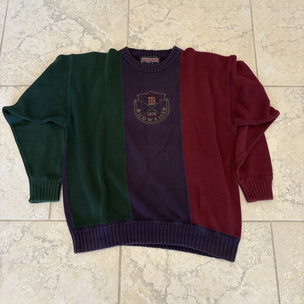 Budweiser Sweatshirt XL Navy Crewneck Jansport Beer Pullover Vintage Color Block